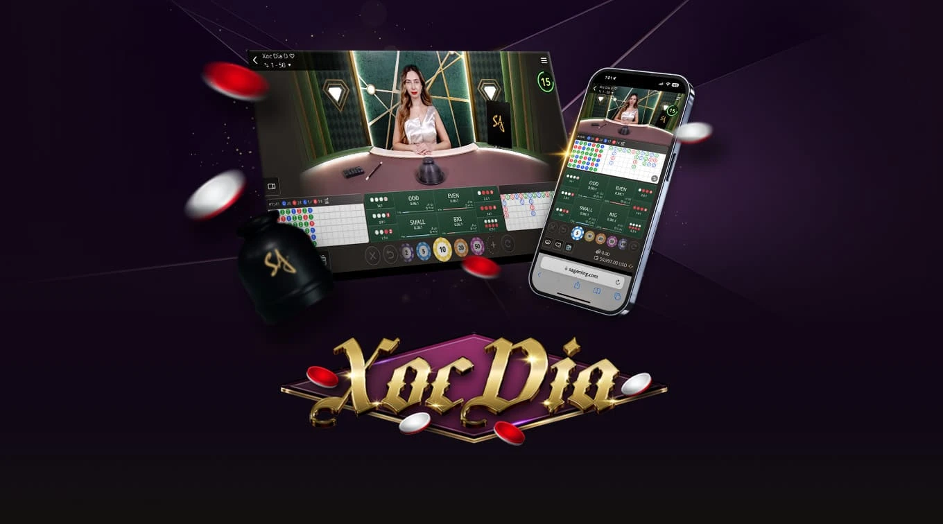 Image for an online Xoc Dia game featuring a dealer at a gaming table on the left and a mobile interface on the right. The text 'XOC DIA' is prominently displayed at the bottom, surrounded by colorful gaming chips and betting options.